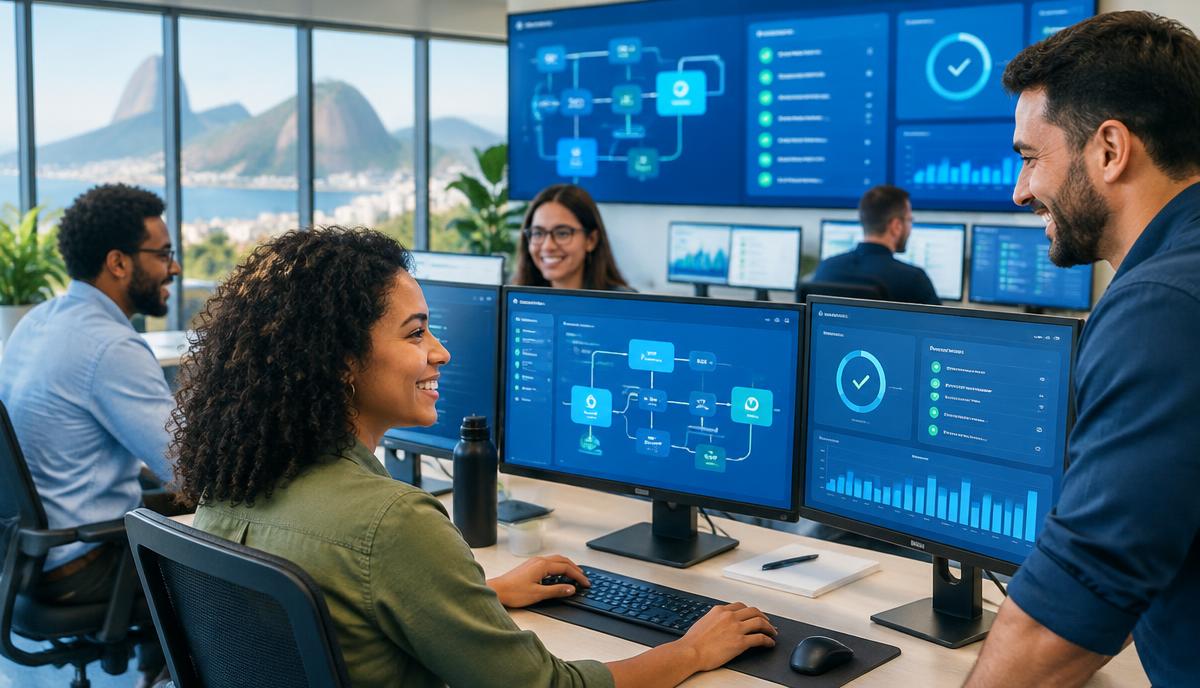 Equipe acompanhando processos automatizados por inteligência artificial