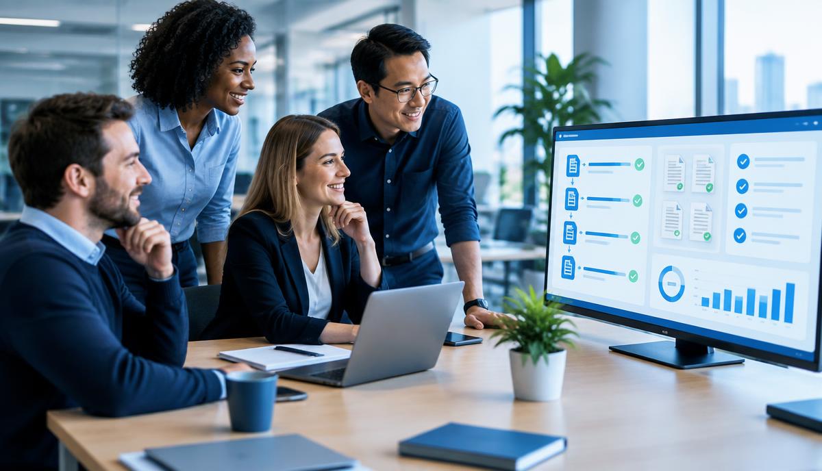 Equipe acompanhando tarefas administrativas executadas automaticamente